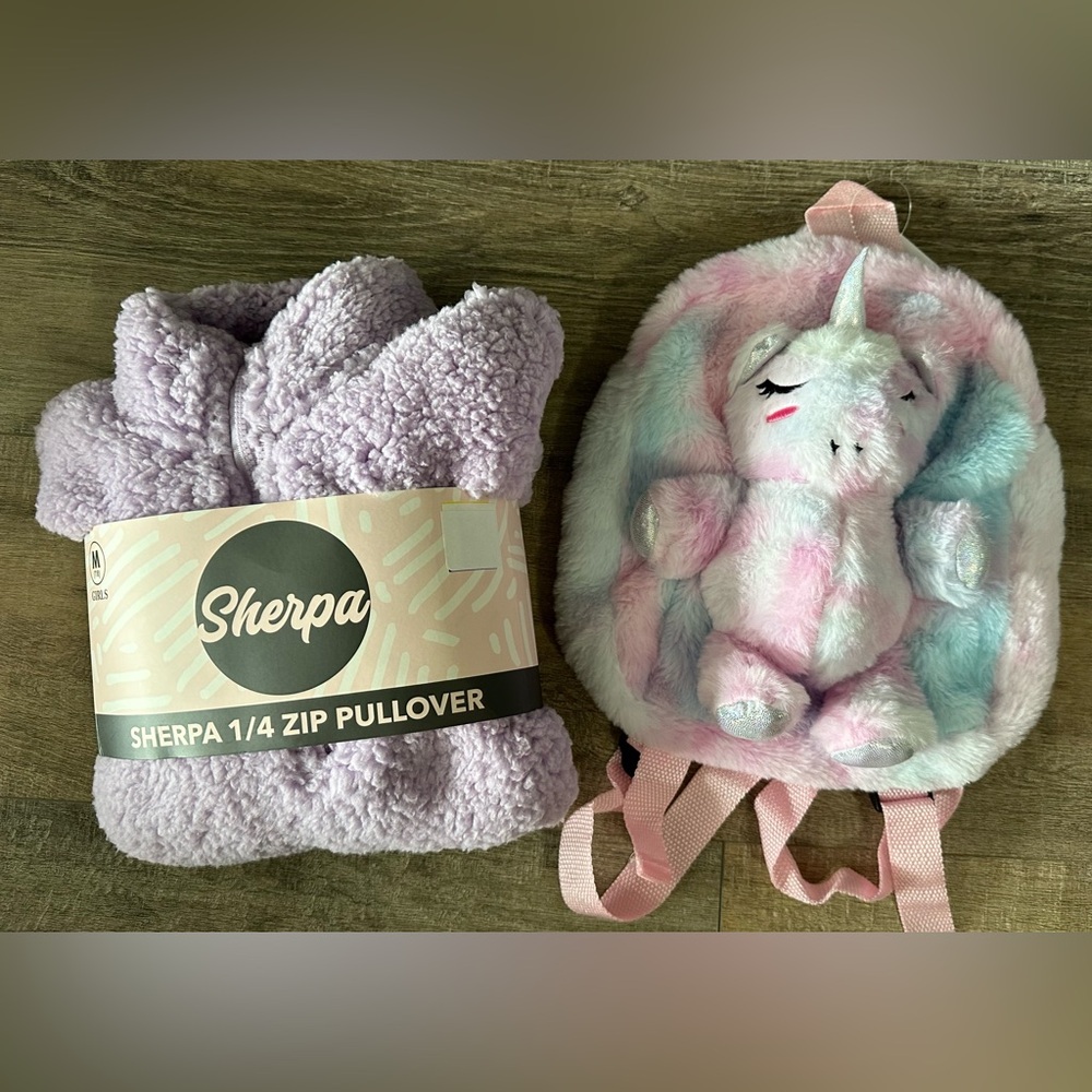 Girl’s Purple Sherpa 1/4 Zip Pullover With Unicorn Backpack